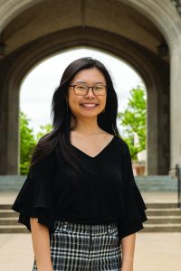 Rebecca Shyu in front of MU's Memorial Union archway