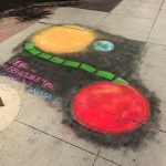 Illustration of a star and orbiting red planet, chalked on a sidewalk