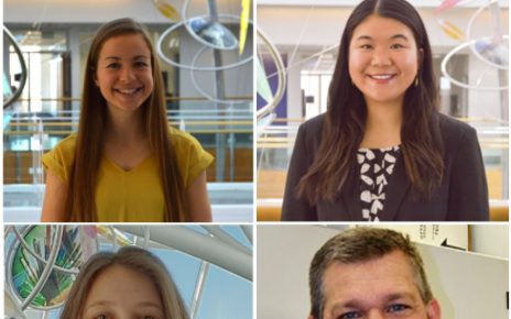 Collage of portraits featuring Anna Sullentrup, Alisa Sivapiromrat and Elise Baumann and Aaron Stoker